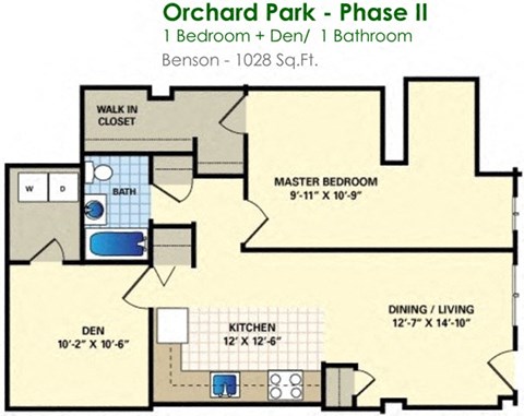 Floor plan for 1 bed, 1 bath, 1028 sqft