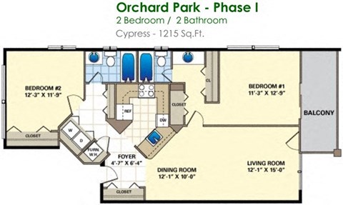 Floor plan for 2 beds, 2 baths, 1215 sqft