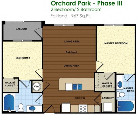 Floor plan for 2 beds, 2 baths, 967 sqft