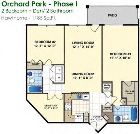 Floor plan for 2 beds, 2 baths, 1185 sqft