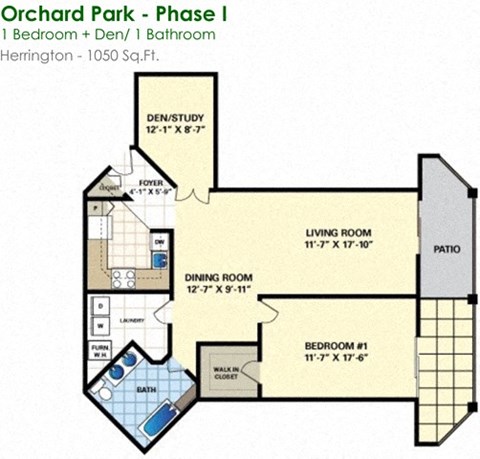 Floor plan for 1 bed, 1 bath, 1050 sqft