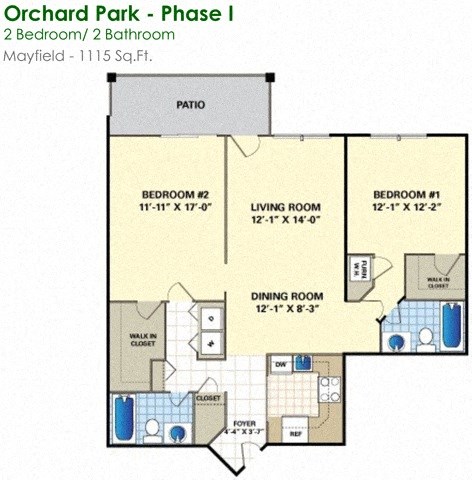 Floor plan for 2 beds, 2 baths, 1115 sqft
