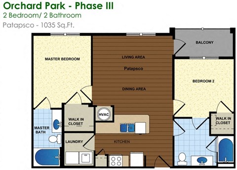 Floor plan for 2 beds, 2 baths, 1035 sqft