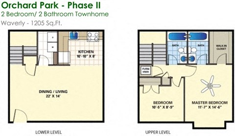 Floor plan for 2 beds, 2 baths, 1205 sqft