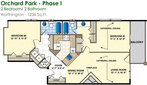 Floor plan for 2 beds, 2 baths, 1236 sqft