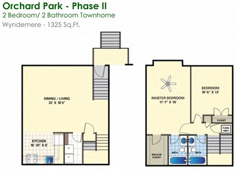 Floor plan for 2 beds, 2 baths, 1325 sqft