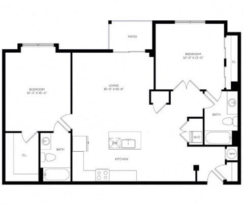 Floor plan for 2 beds, 2 baths, 1106 sqft