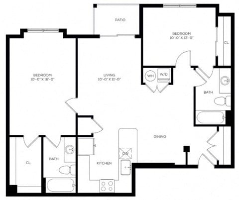 Floor plan for 2 beds, 2 baths, 1014 sqft