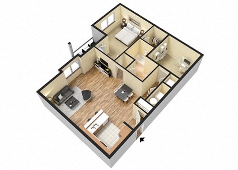Floor plan for 1 bed, 1 bath, 923 sqft
