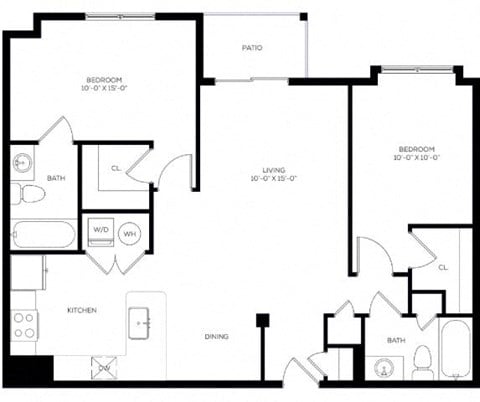 Floor plan for 2 beds, 2 baths, 978 sqft