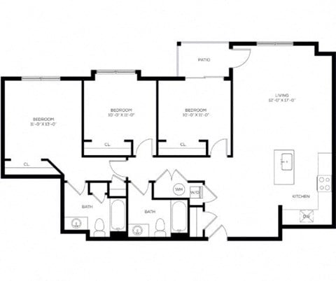Floor plan for 3 beds, 2 baths, 1175 sqft