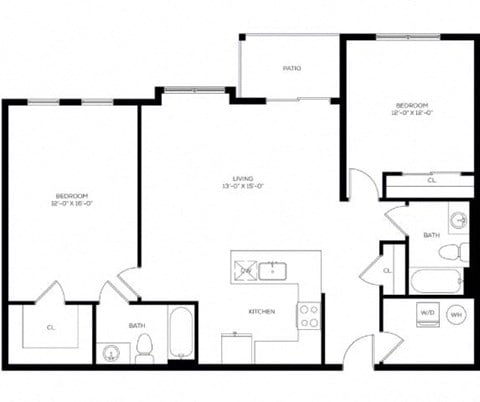 Floor plan for 2 beds, 2 baths, 1041 sqft