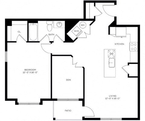Floor plan for 1 bed, 1 bath, 881 sqft