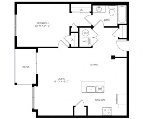 Floor plan for 1 bed, 1 bath, 807 sqft