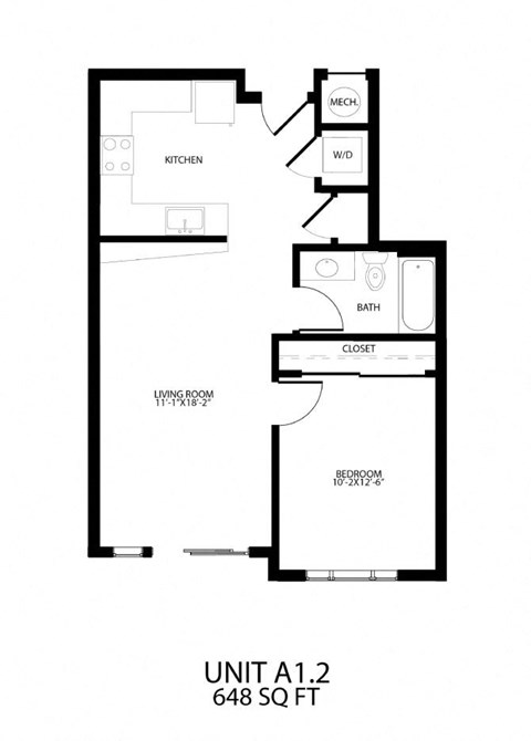 Floor plan for 1 bed, 1 bath, 648 sqft