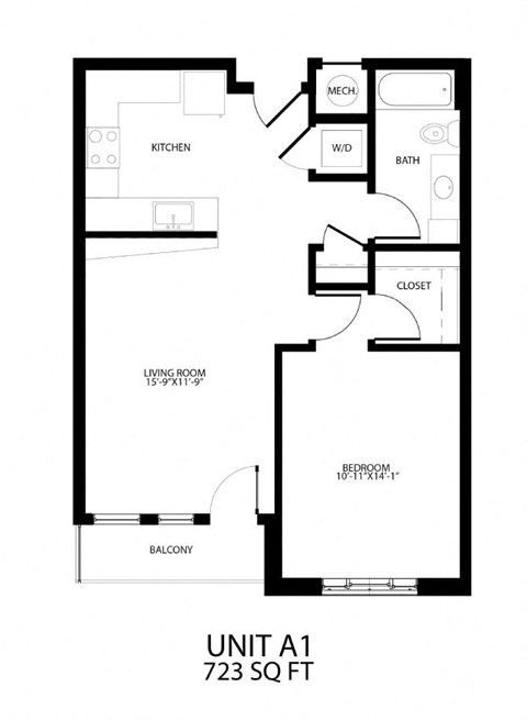 Floor plan for 1 bed, 1 bath, 723 sqft