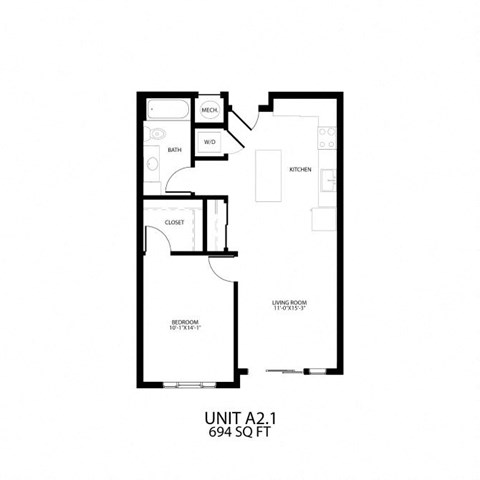 Floor plan for 1 bed, 1 bath, 694 sqft
