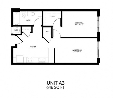Floor plan for 1 bed, 1 bath, 646 sqft