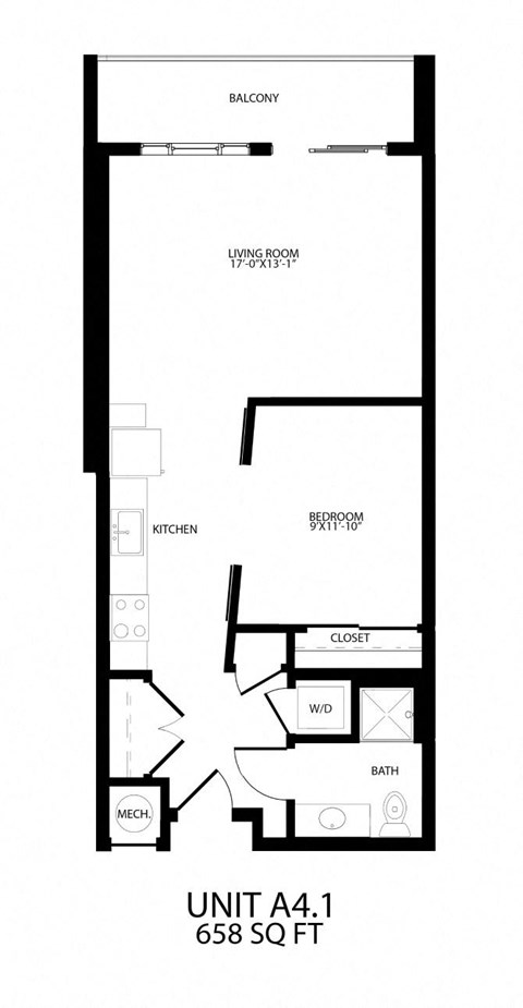 Floor plan for 1 bed, 1 bath, 658 sqft