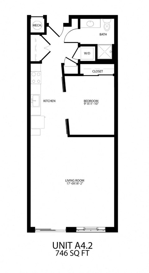 Floor plan for 1 bed, 1 bath, 746 sqft