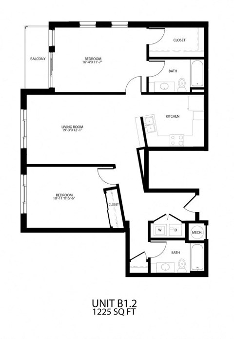 Floor plan for 2 beds, 2 baths, 1225 sqft