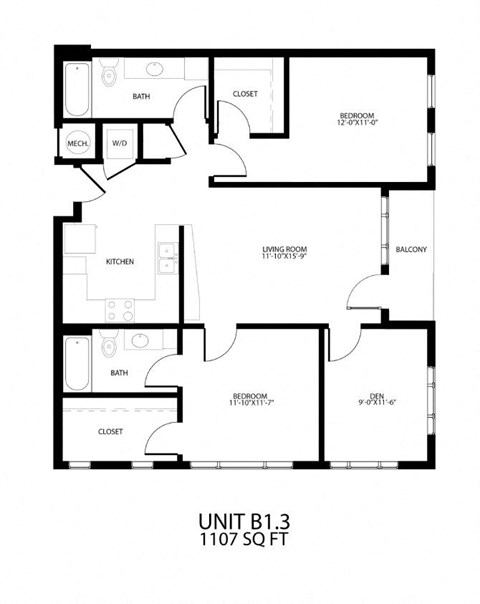 Floor plan for 2 beds, 2 baths, 1107 sqft