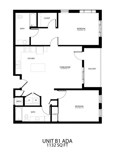 Floor plan for 2 beds, 2 baths, 1132 sqft