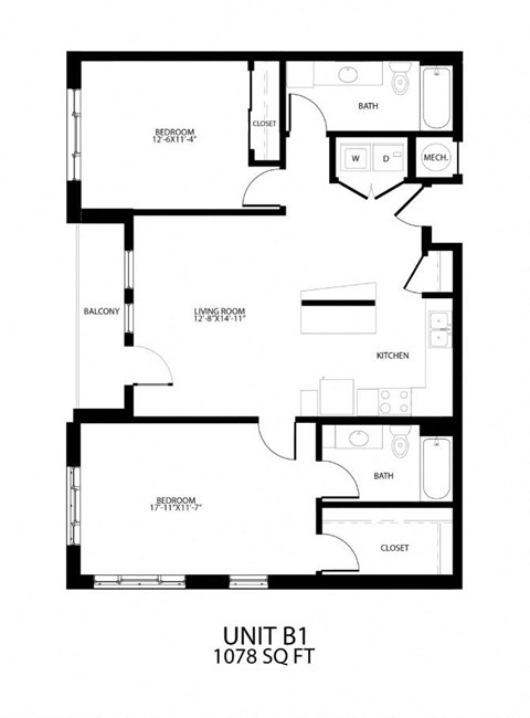 Floor plan for 2 beds, 2 baths, 1078 sqft