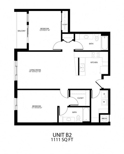 Floor plan for 2 beds, 2 baths, 1111 sqft