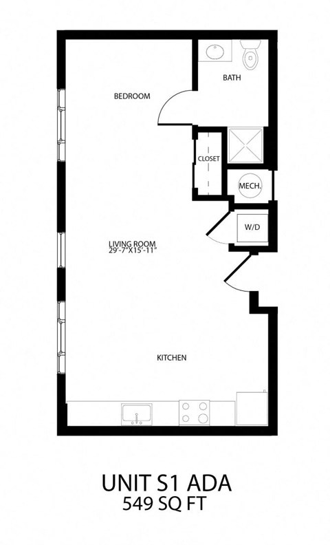 Floor plan for studio, 1 bath, 549 sqft