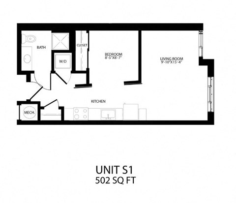 Floor plan for studio, 1 bath, 502 sqft