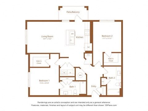 Floor plan for 2 beds, 2 baths, 1115 sqft