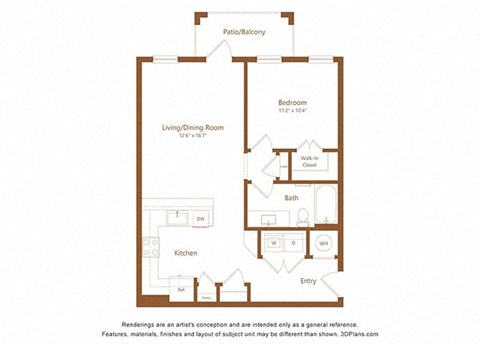 Floor plan for 1 bed, 1 bath, 744 sqft