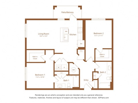 Floor plan for 2 beds, 2 baths, 1115 sqft