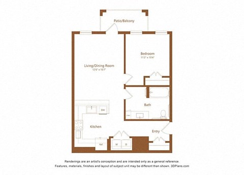 Floor plan for 1 bed, 1 bath, 744 sqft