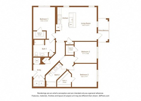 Floor plan for 3 beds, 2 baths, 1358 sqft