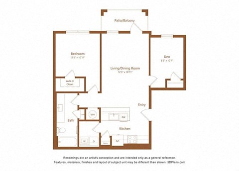 Floor plan for 1 bed, 1 bath, 866 sqft