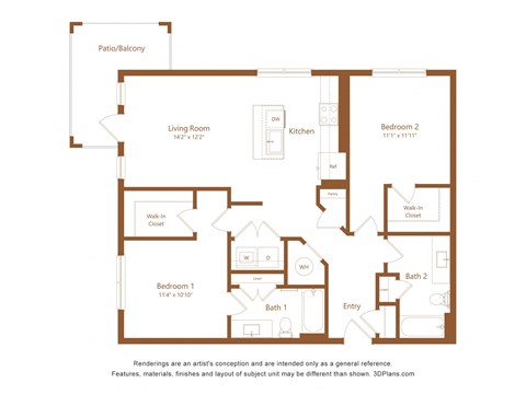 Floor plan for 2 beds, 2 baths, 1128 sqft
