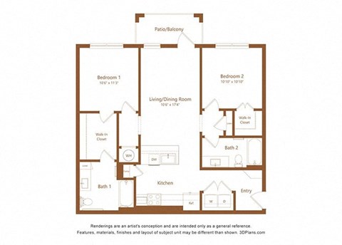 Floor plan for 2 beds, 2 baths, 1014 sqft