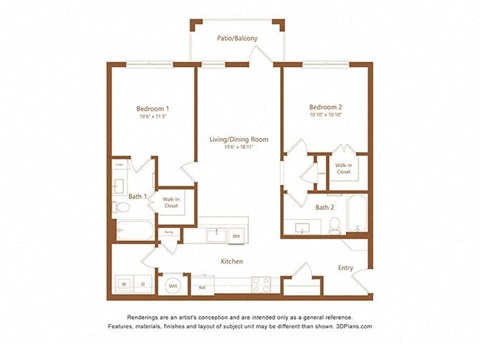 Floor plan for 2 beds, 2 baths, 1014 sqft