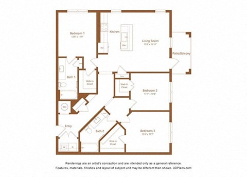Floor plan for 3 beds, 2 baths, 1358 sqft