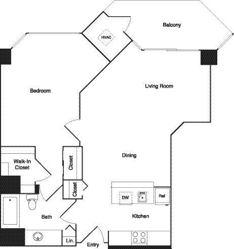Floor plan for 1 bed, 1 bath, 607 sqft