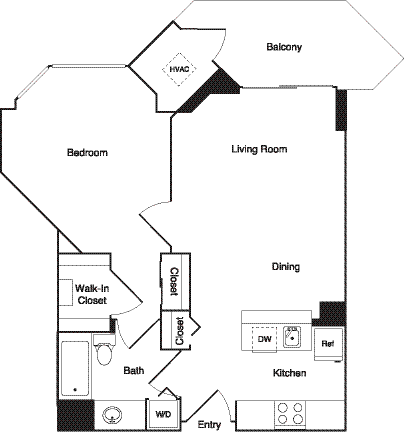 Floor plan for 1 bed, 1 bath, 597 sqft