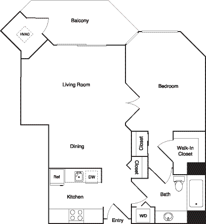 Floor plan for 1 bed, 1 bath, 640 sqft