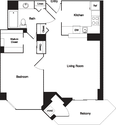Floor plan for 1 bed, 1 bath, 661 sqft