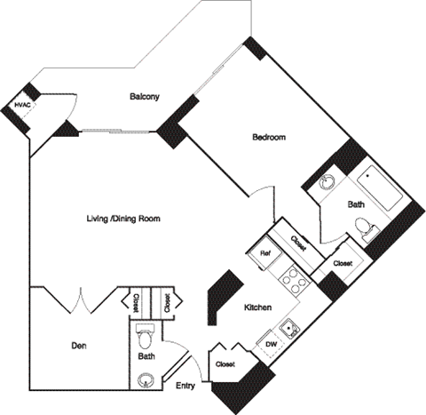 Floor plan for 1 bed, 1.5 baths, 937 sqft