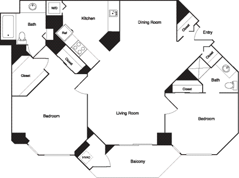 Floor plan for 2 beds, 2 baths, 1044 sqft