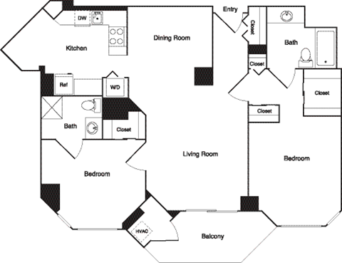 Floor plan for 2 beds, 2 baths, 1040 sqft