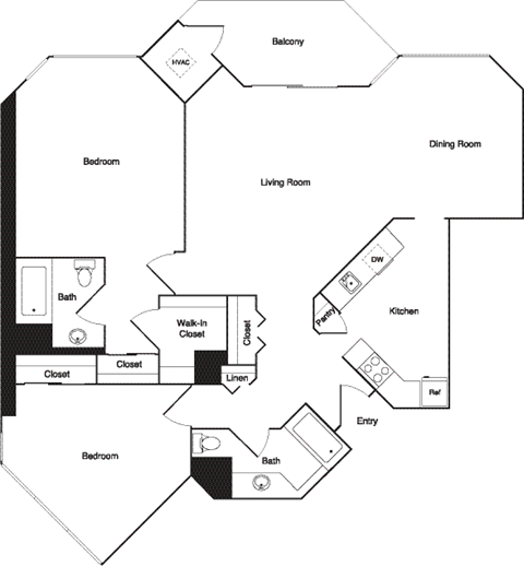 Floor plan for 2 beds, 2 baths, 1107 sqft
