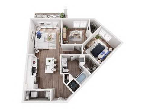 Floor plan for 1 bed, 1 bath, 889 sqft